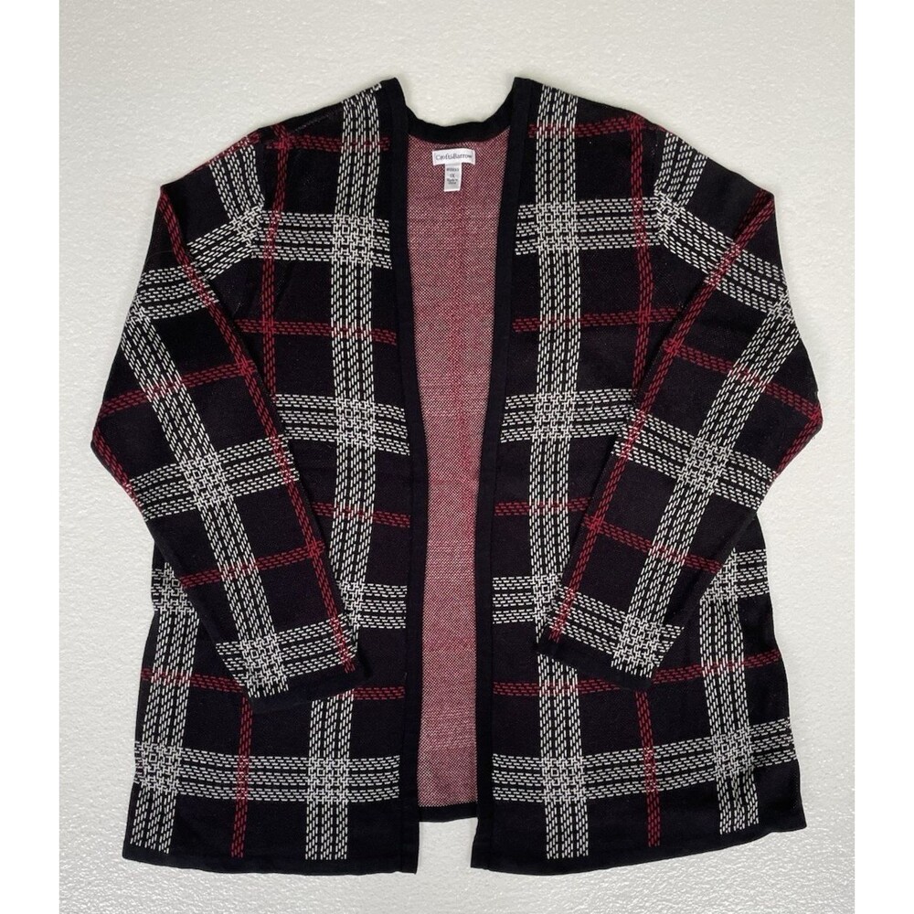 Croft & Barrow Womens Plaid Open Cardigan Sweater 1X Red Black Knit Long Sleeve